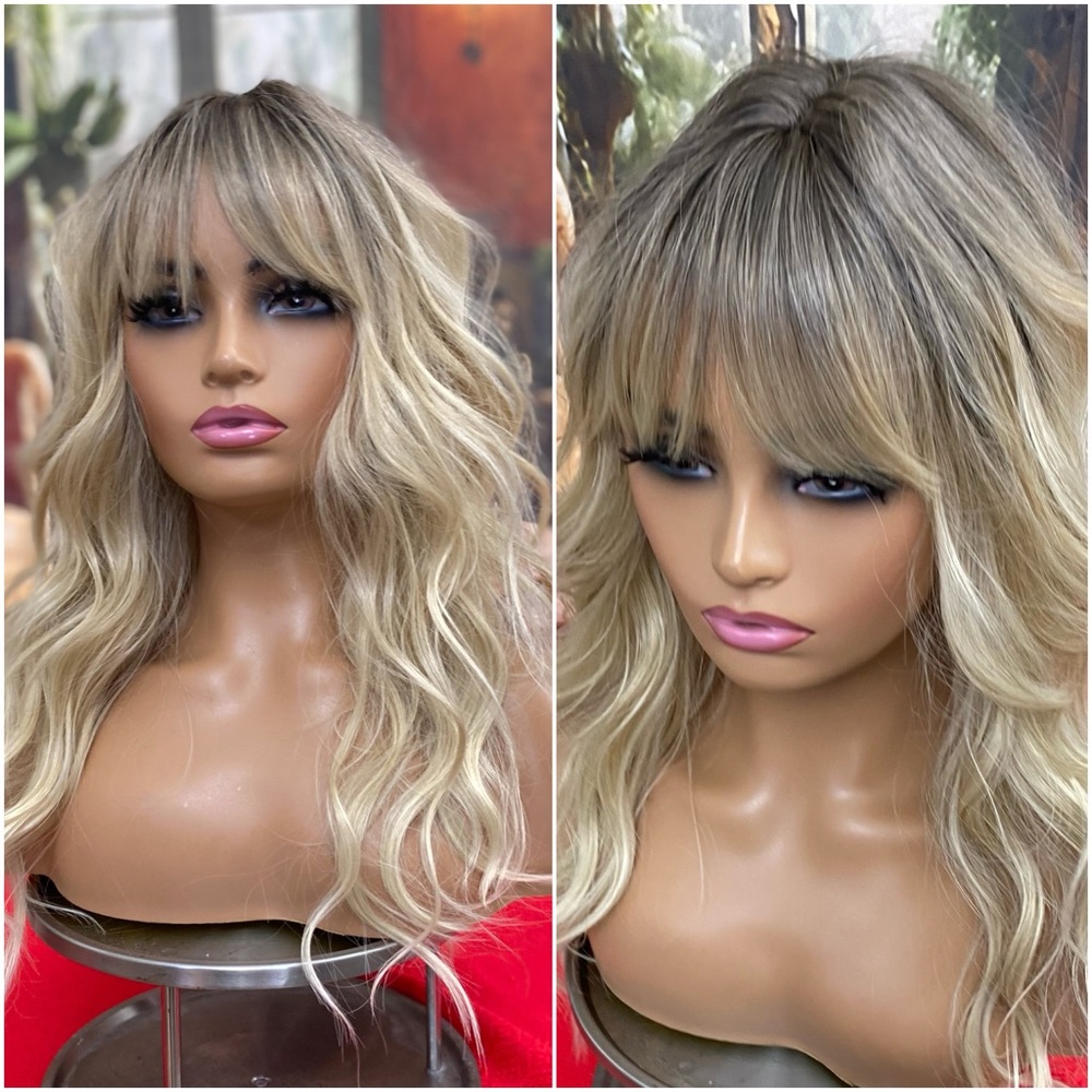 Blonde Balayage Wavy Wig with Bangs - Elegant Natural-Look Hairpiece